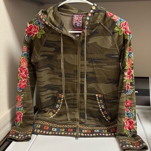Johnny Was Camo Green Rina Raglan Hoodie Jacket